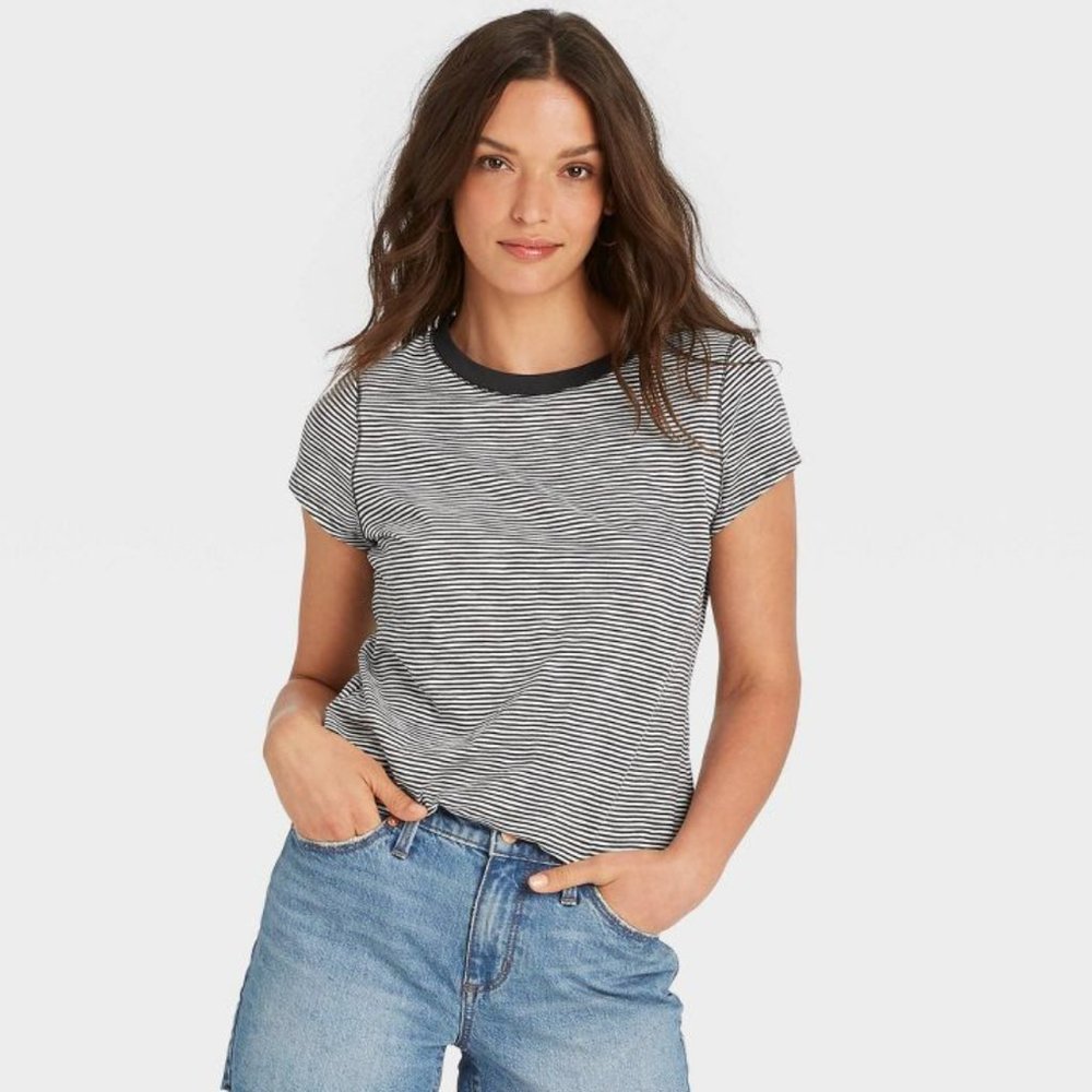 A NEW DAY | Navy Blue & White Pinstripe Basic Ringer Tee NWOT